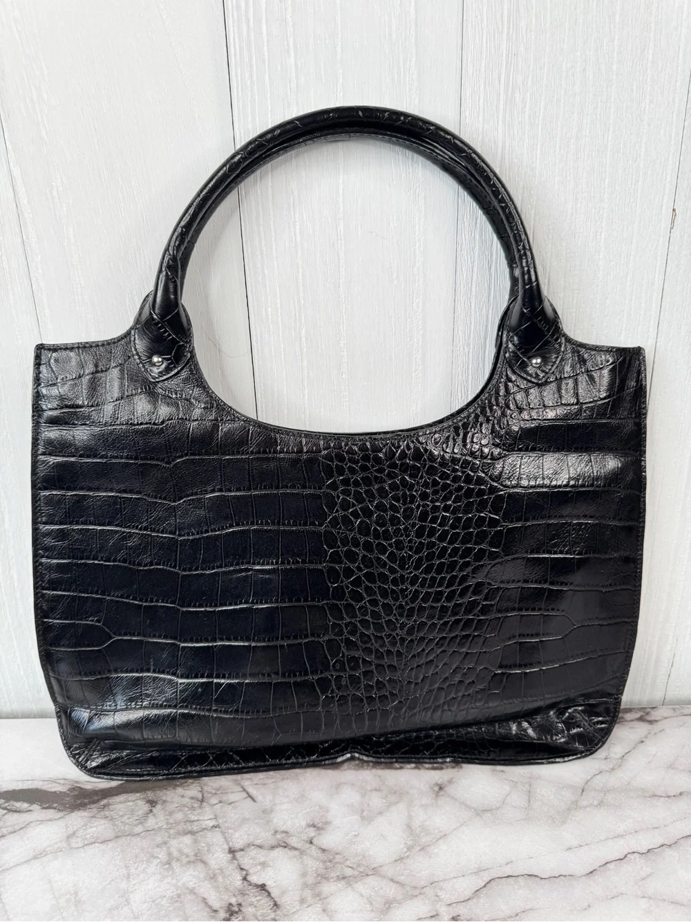 Forth & Towne Croc-Embossed Black Leather Shoulder Bag